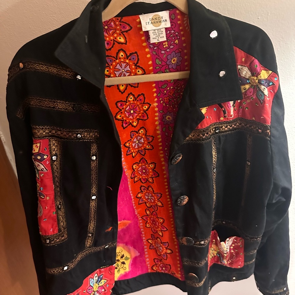 Sandy Starkman Button Up Jacket Women's XL Black Red Floral Embroidered Patch